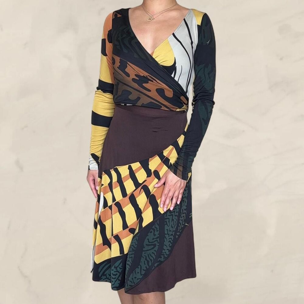 issa london silk brown wrap dress vintage mod print abstract design midi length